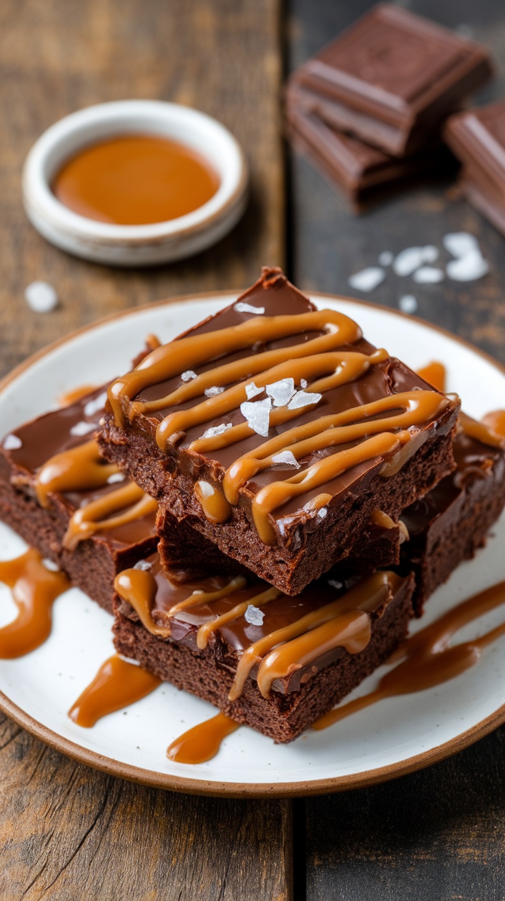 Decadent salted caramel brownies with chocolate drizzle and sea salt on a rustic plate.